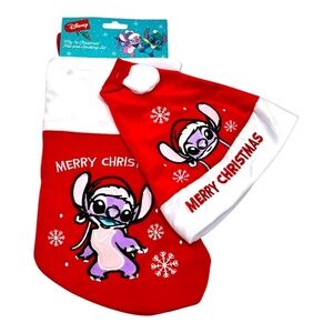 New Christmas Disney Stitch embroidered Hat and Stocking Set
